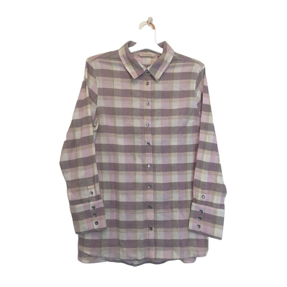 Soft Surroundings Women's Button Up Tie Back Shirt Plaid Brown Pink Large